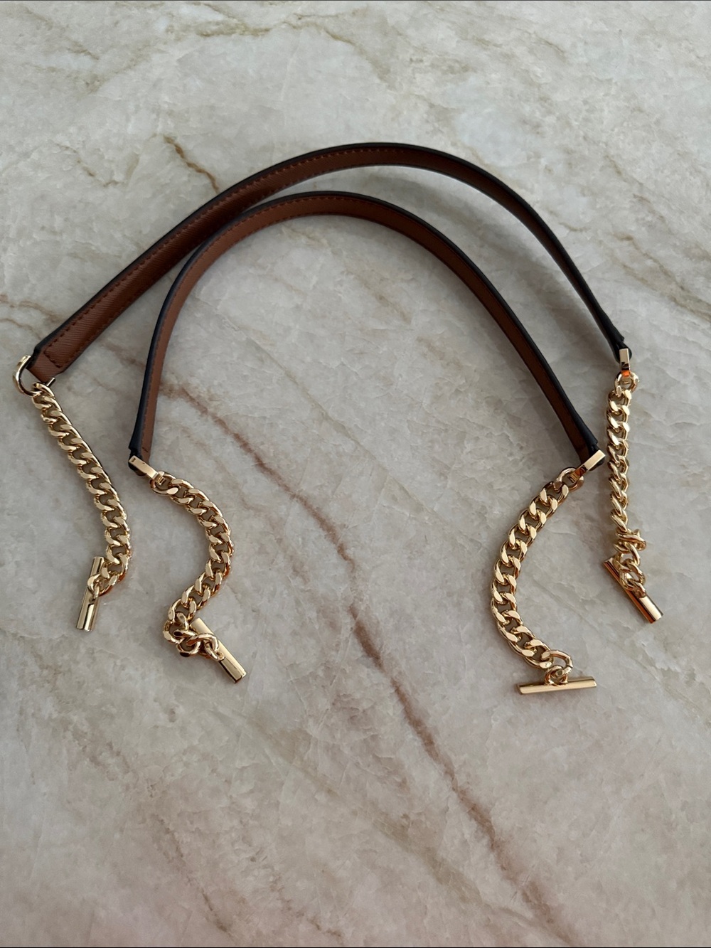 New Brown Leather and Gold Chain Handbag Toggle Straps 22"
